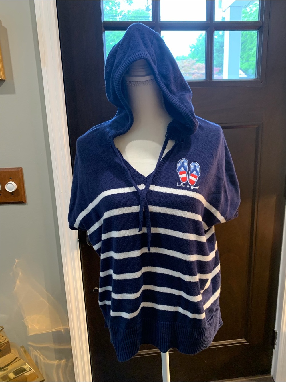 Life Is Good Navy and White Striped Hooded Sweater